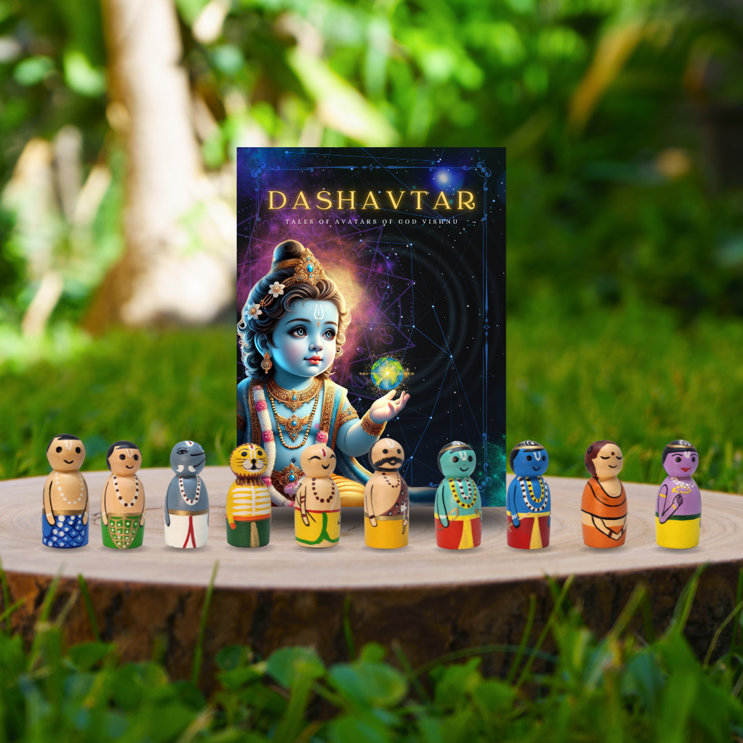 Dashavatar Book and Wooden Dashavatar Peg Dolls Set