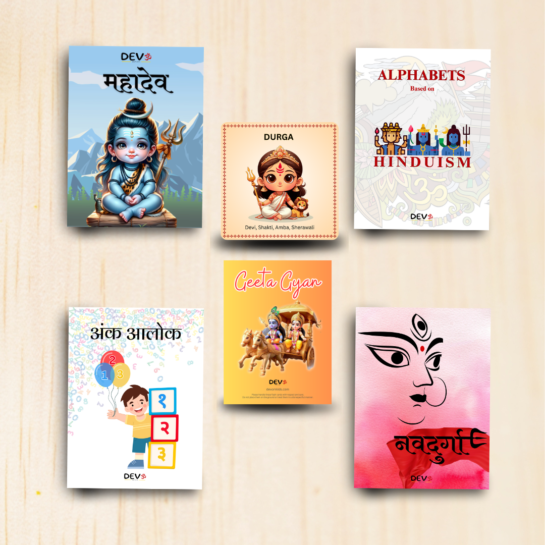 Combo Set of 4 Books and 2 Card Sets for Kids [Alphabets Based on Hinduism, Ank Alok, NavDurga, MahaDev Books and God and Goddess Mantra Cards, Geeta Gyan Cards]