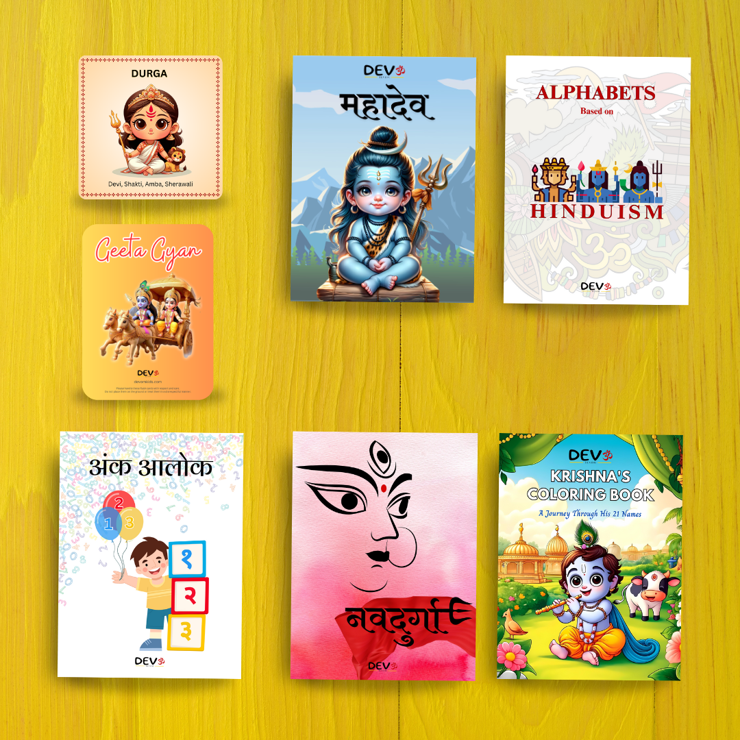 Combo of 5 Books & 2 Card Sets [Alphabets on Hinduism, Ank Alok, NavDurga, MahaDev, Krishna Coloring and Mantra Cards, Geeta Gyan Cards]