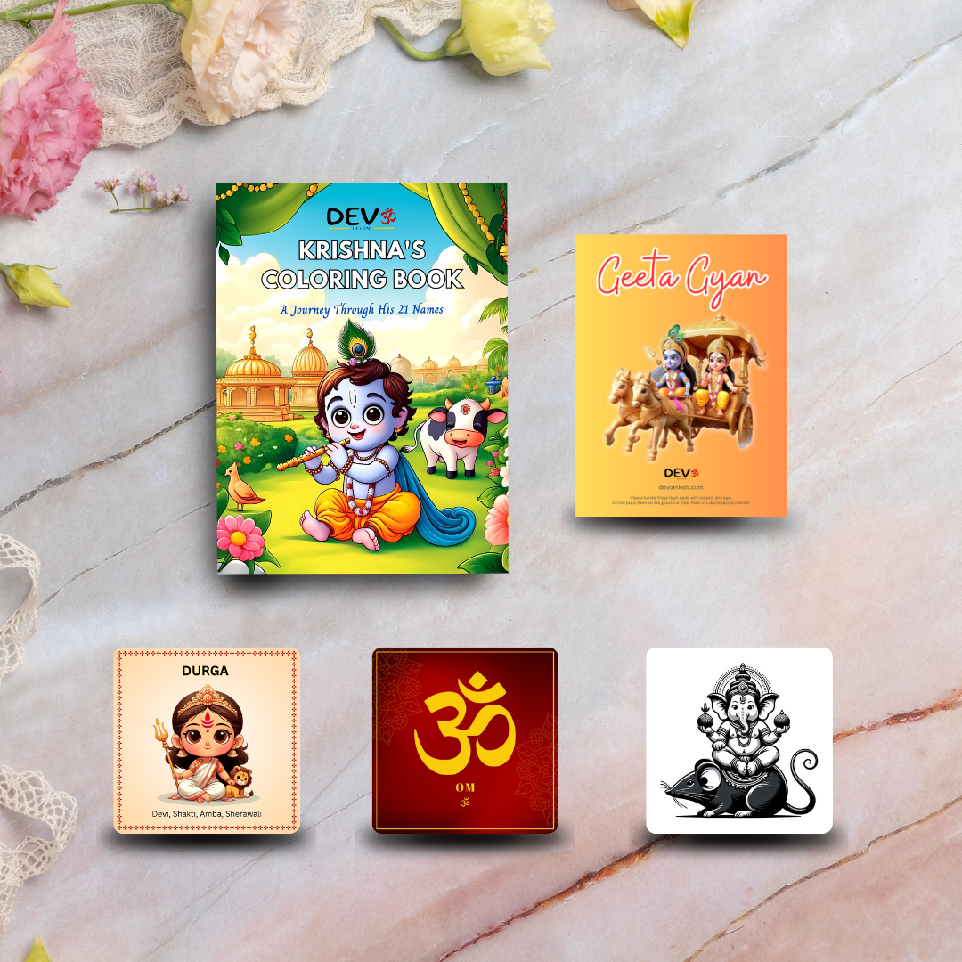 Combo Set of 4 Flash Cards and Shri Krishna Coloring Book for Kids [Geeta Gyan, God and Goddess with Mantra, Hinduism Symbol, High Contrast Hindu God and Goddess Flash Cards]